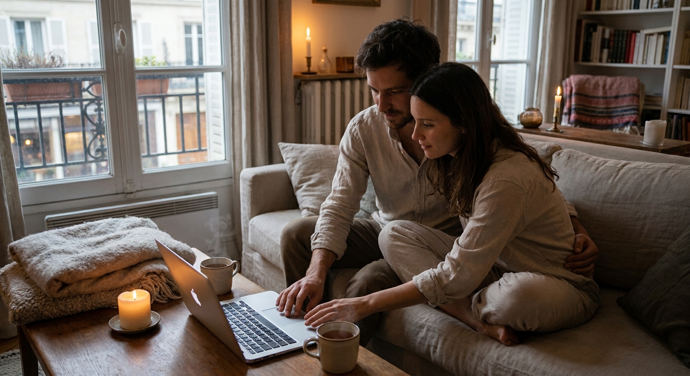 Un couple parcourt des inspirations sur un ordinateur dans une lumière douce