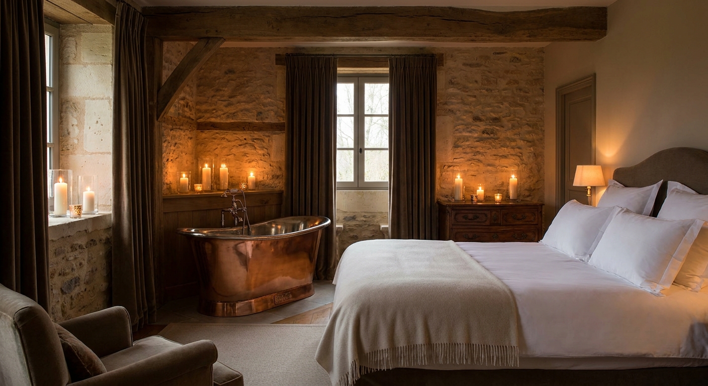 Suite privée romantique avec baignoire et éclairage tamisé pour raviver la flamme